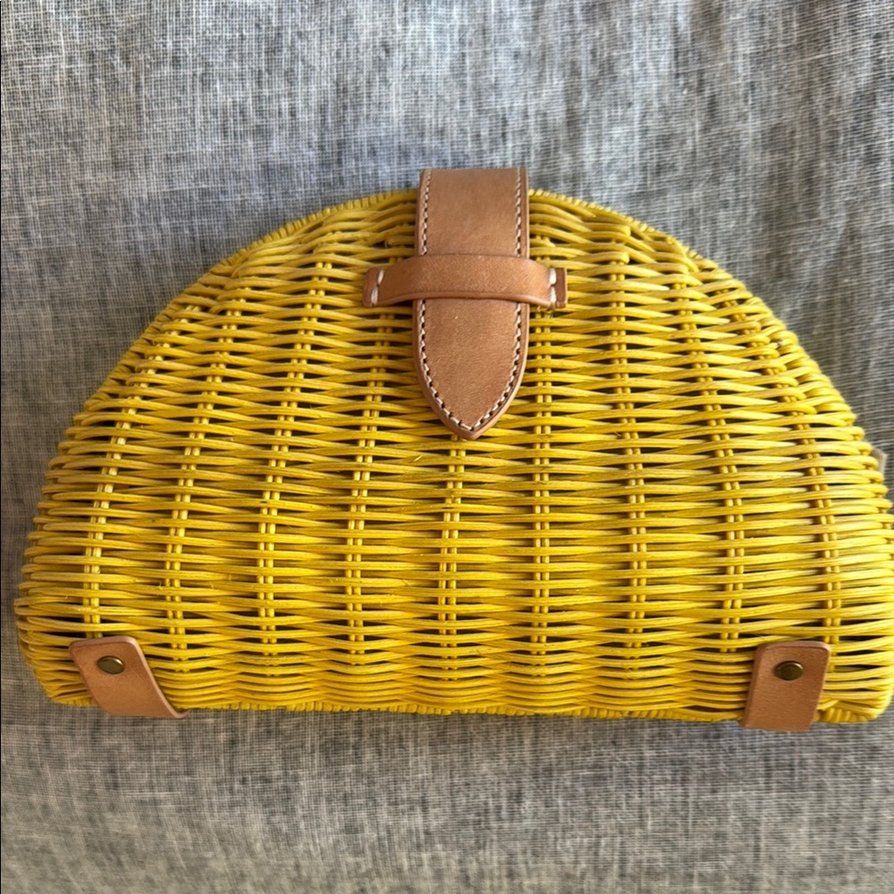 Yellow and Tan Wicker Clutch with Leather Accents